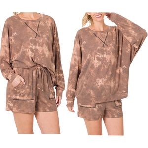 Soft, Light Weight Comfy Tie-Dye Pullover Drawstring Shorts Top and Bottom Set
